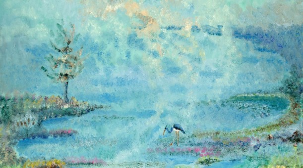 MASURIAN LANDSCAPE WITH A HERON, oil on canvas